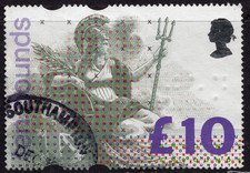 1993 GB UK Britannia £10 Pound stamp with Southampton corner cancel