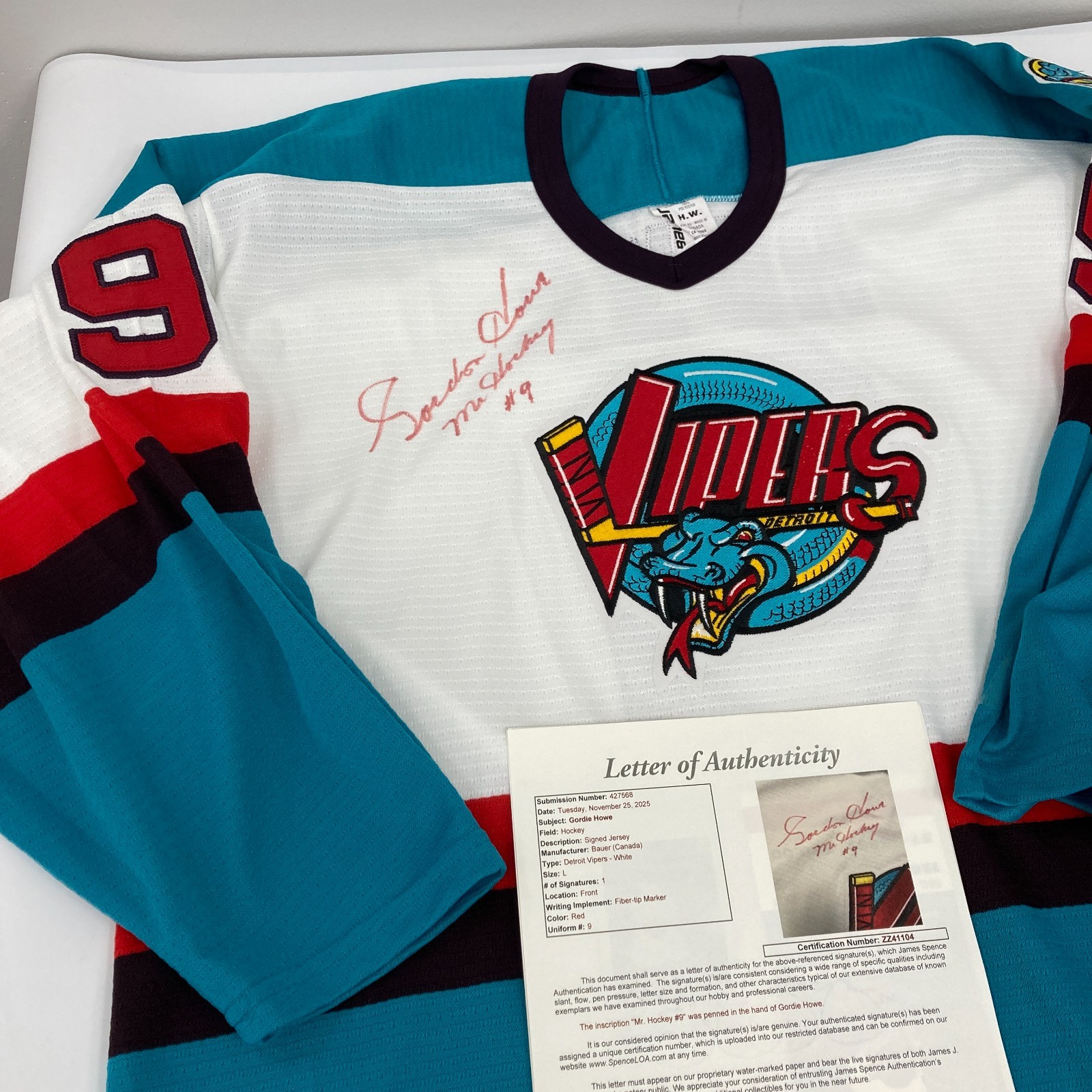 Gordie Howe Autographed Signed Detroit Red Wings "Mr. Hockey" Detroit Vipers Authentic Bauer Jersey JSA COA 