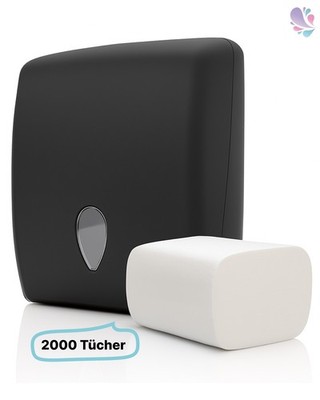 SET: Falthandtuchspender INFINITY Schwarz matt + 2.000 Blatt Handtuchpapier Zick