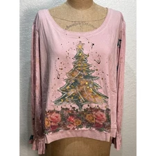 A Rare Bird Women Rosie Pink Christmas Tree Stars Long Sleeve OS Top NWT