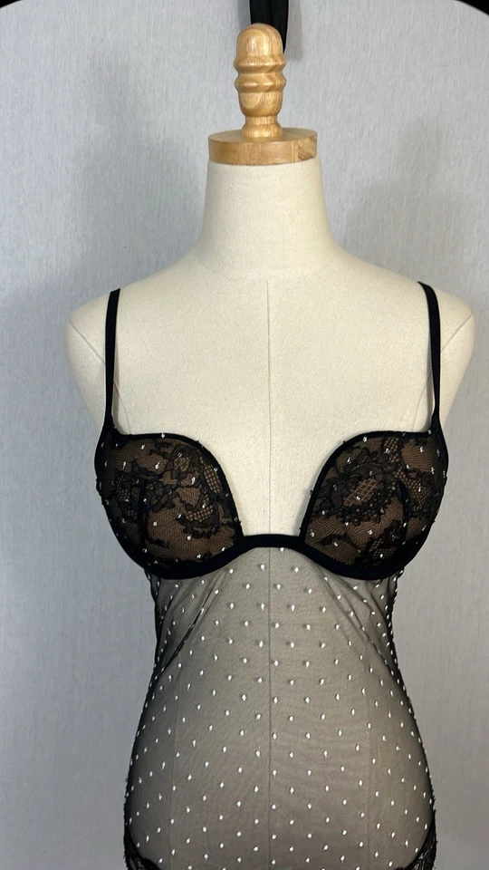 Body La Perla Negro Encaje Malla Blanco Polka Talla 34C Hecho en Italia Copa Moldeada Foto 2 de 4