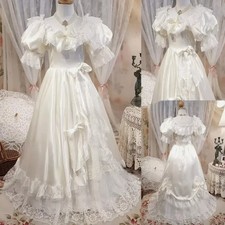 Vintage Puffy Sleeve Satin Wedding Dress French Bow Lace Tulle Prom Bridal Gowns