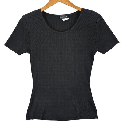 Rena Lange Knit Silk Ribbed Top Women's 42 US 10 Black Short Sleeve Designer
