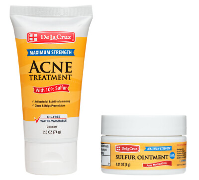 De La Cruz 10% Sulfur Oint Acne Medication 2.6 OZ + Trial Jar 0.21 OZ  Exp 06/28