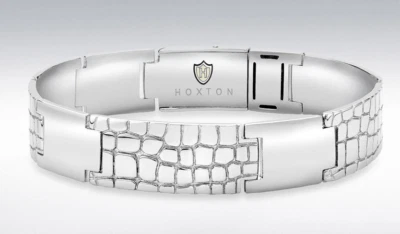 Bracelet En Argent Sterling Hoxton London Motif Peau De Crocodile Sauvage 8.50" - Photo 1/2