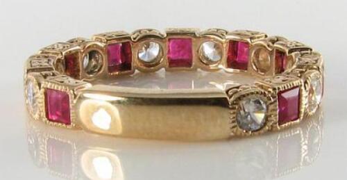 ENGAGEMENT 9K GOLD RUBY DIAMOND BAND FULL ETERNITY ART DECO INS RING Size 7.5 - Picture 4 of 6