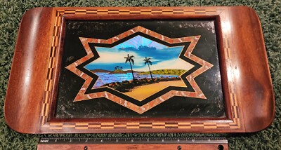 Vintage 16 5/8'' Iridescent Butterfly Wing Tray with Palms from Brazil