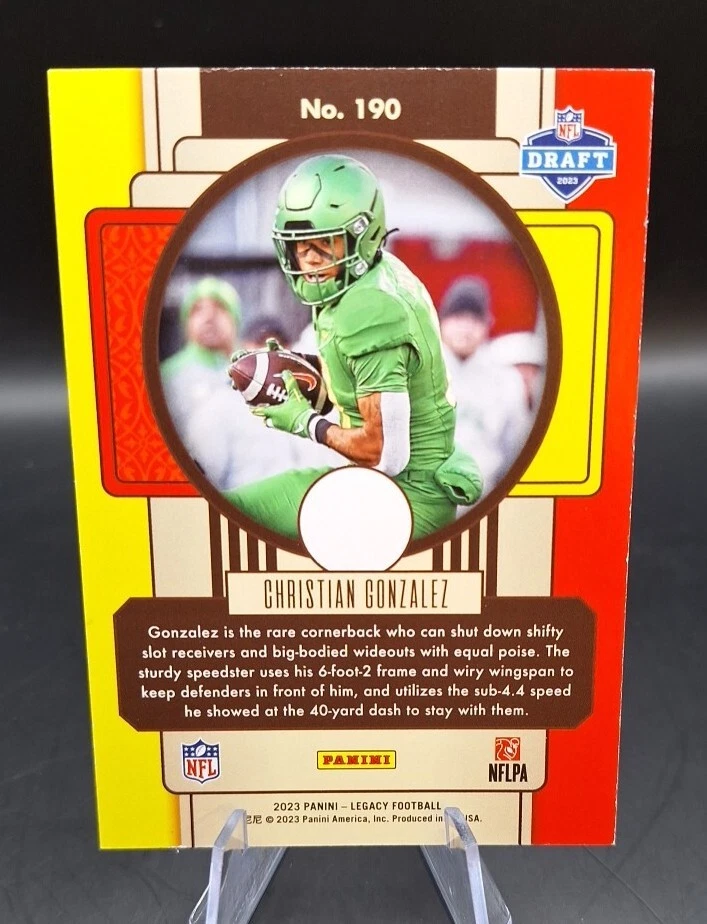 2023 Panini Legacy Christian Gonzalez Yellow Parallel RC 71/150 NFL NE. Patriots - Image 2 of 4