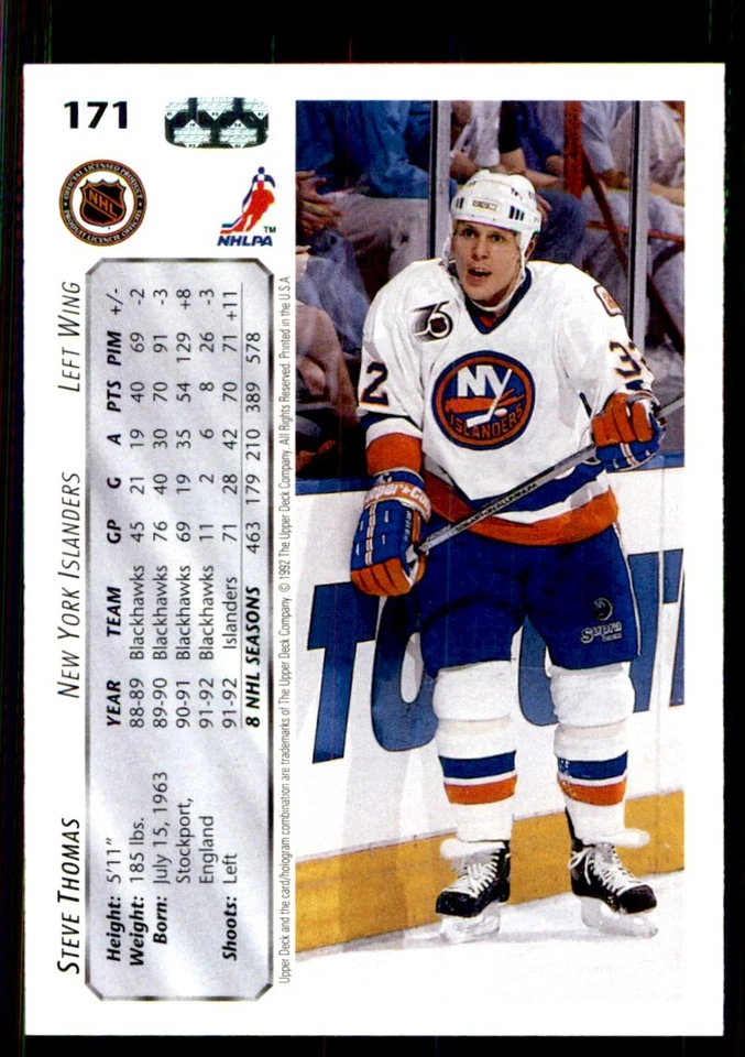 1992-93 Upper Deck Steve Thomas New York Islanders #171 - Image 2 of 2