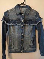 Blue Denim Jacket, Ruffle Detail Size Small 