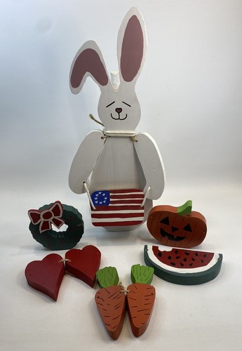 Handmade Folk Art Rabbit With Interchangeable Holiday Decor Signs & Storage 16”