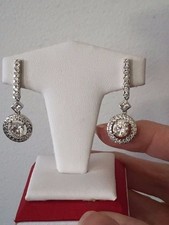 Beautiful Round Princess CZ Halo Style Dangle Silver Earrings