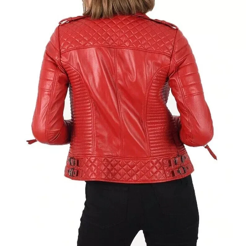 ¡LO ÚLTIMO! Nueva Chaqueta de Cuero Roja para Mujer 100% Piel de Cordero Suave Bombardero Motociclista Abrigo Chaqueta Foto 3 de 4