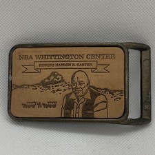 Vtg. NRA Whittington Center Belt Buckle Honors Harlon B. Carter Leather Brass