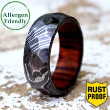 Customized Hammered Gunmetal Wood Sleeve Damascus Steel Ring Men Engagement Band