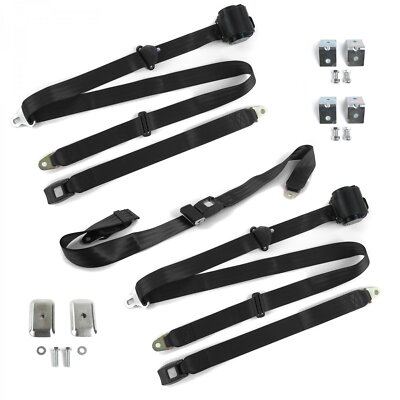 VW Type 3 Squareback Standard 3pt Black Retractable Bench Seat Belt Kit w/ Brack