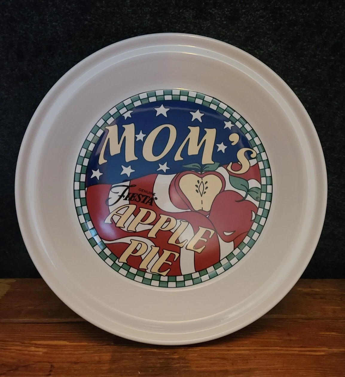 HTF FiestaWare Mom's Apple Pie Plate Deep Baker Dish White Americana EVC