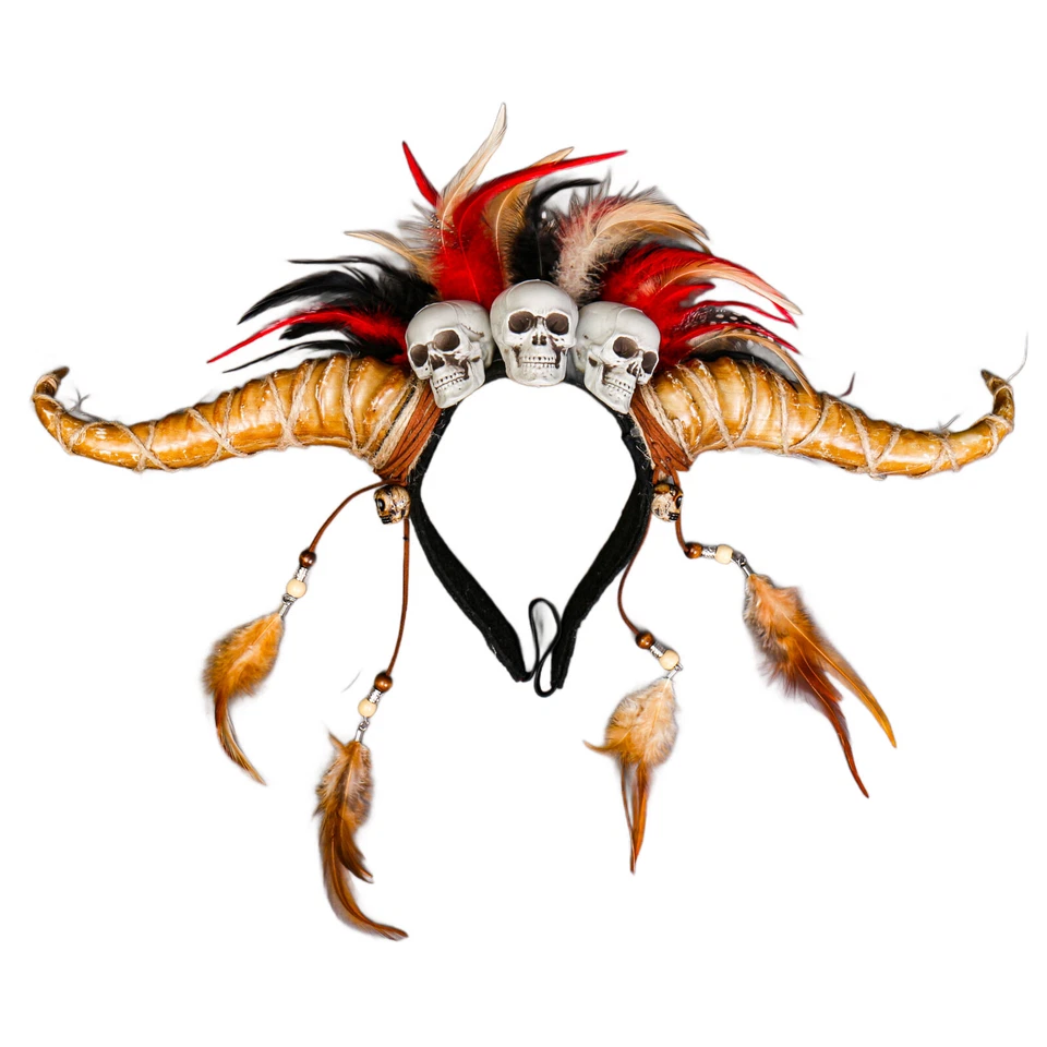 Voodoo Ancient Skull Long Horn with Feather Halloween Headband - Brown - Image 2 of 4