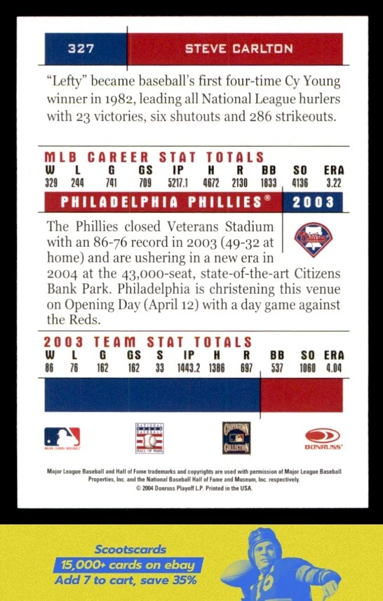 2004 Donruss Team Heroes Steve Carlton card #327 Philadelphia Phillies - Image 2 of 2