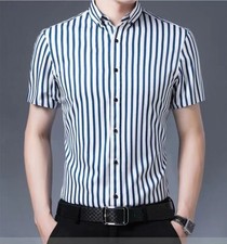 Mens Dress Shirts Short Sleeves Formal No Iron Striped Elastic Casual Shirt Tops
