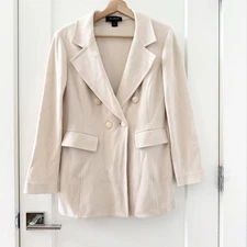 ST JOHN Vintage Cream Beige Double Breasted Blazer Jacket Size 10 - Small HOLES!