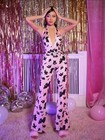 90s Allover Print Halter Neck Sequins Jumpsuit Y2K Glam Party Outfit Size Small