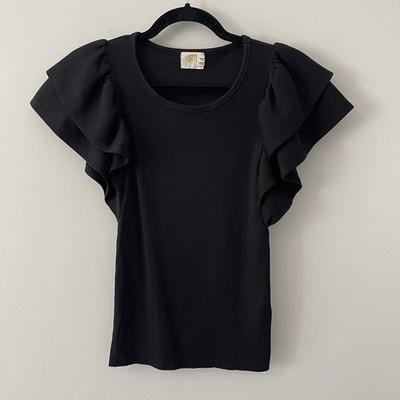 Nation LTD Organic Pima Cotton Flutter Sleeve Top Black Size S Stretch Ruffles