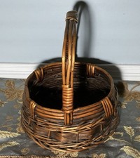 Vintage Hand Woven Willow Basket Dark Stain Functional Primitive Wrapped Handle