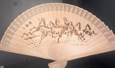 Vintage Oriental Two-Sided Sandalwood Fan Horses, And Ship opens to 32 w 18 h