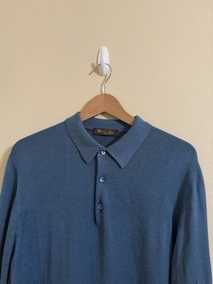 ロロピアーナ　Loro Piana 長袖　ポロシャツ Deep Ocean Blue Cotton Polo Shirt - Smart casual men's t-shirts