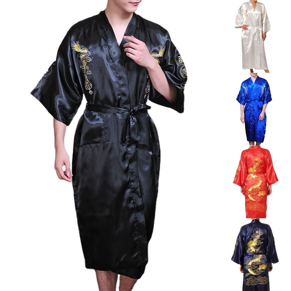 Herren Bademantel Nachtwäsche Drachen Stickerei Kleid Kimono Gr. M-2XL Atmungsaktiv