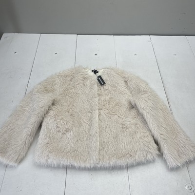 Pretty Little Thing Cream Glitter Faux Fur Open Front Coat Women's Size XS New
