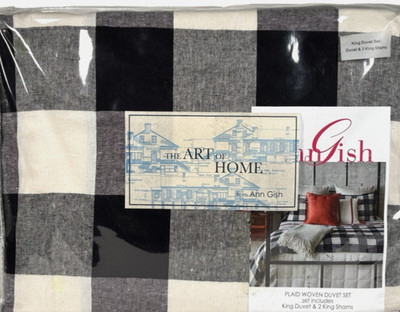 Ann Gish The Art of Home~Plaid Woven~KING Duvet Set w/ 2 Shams~Black/White~NWT~