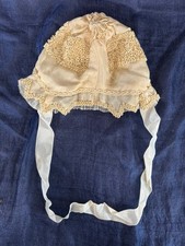 Antique Victorian Baby Bonnet - Ivory Silk with Soutache Embroidery  Lace -1900