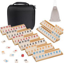 Upgraded 6-8 Players Rummy Cube Board Game Set with 8 Wooden Racks, 214 Tiles, P