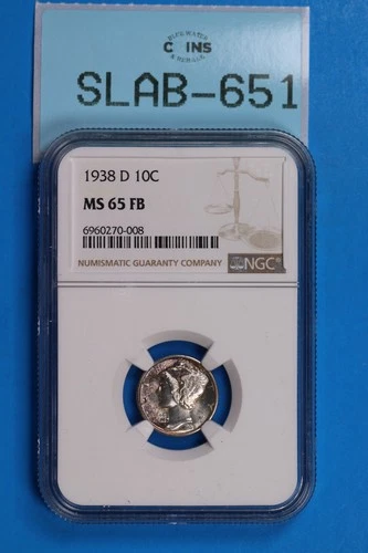 1938-D 10C SILVER MERCURY HEAD DIME NGC MS65 FB FULL BANDS BU UNC SLAB-651