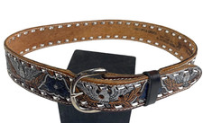 Vtg Men's Cowtown Eagle Western Hand Tooled Painted Leather Belt "Bill" Sz 36