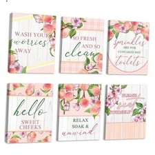6pcs Framed Watercolor Peaches Bathroom Canvas Wall 8X10inches Pink Wall Art