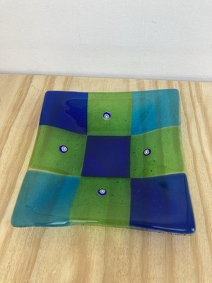 Fused Glass Checkerboard Dish: Blue Green Millefiori Art Tray