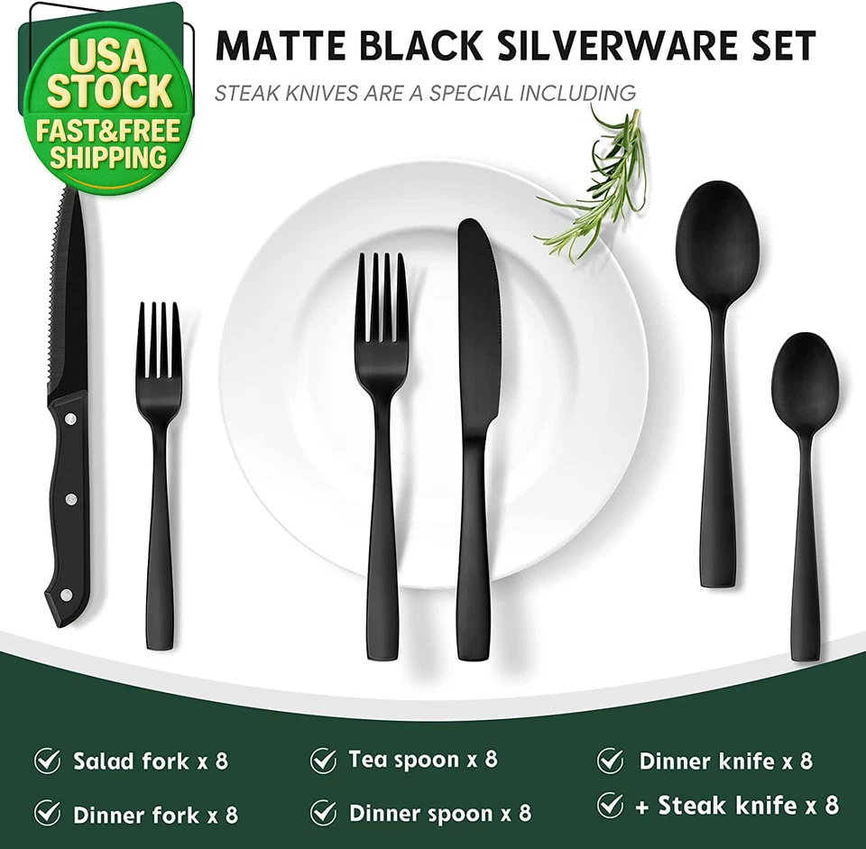 48 Piece Matte Black Silverware Set with Steak Knives Flatware Set for 8 - Image 2 of 4