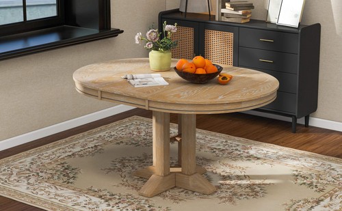 TREXM Farmhouse Dining Table Extendable Round Table for Kitchen, Dining Room(Nat - Picture 19 of 24
