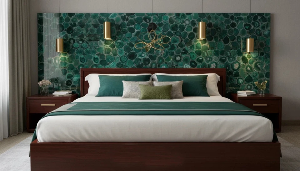 Cabecero de cama moderno de ágata verde | Cabecero de piedras preciosas de lujo | Arte premium Foto 4 de 4