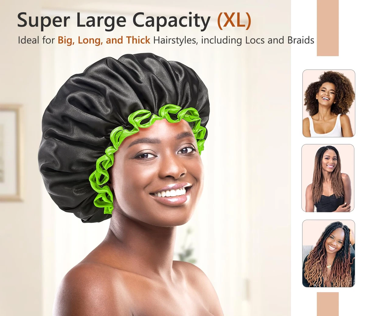 Extra große schwarze Duschhaube für Damen und Herren dicke lange Haare Zöpfe