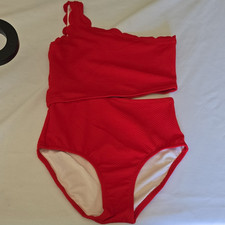 Old Navy Girls Red Textured Scalloped One-Shoulder One-Piece Swimsuit M B31