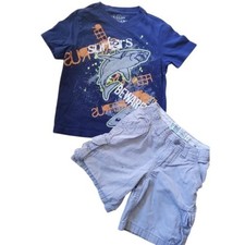 ARIZONA Blue Short Sleeve Shark Surfers Beware Top Gray Pinstripe Shorts 4-5