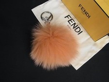 FENDI Pompom Charm Fur�leather Keychain Orange X Silver HA6375