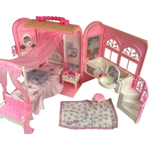 1998 VINTAGE Barbie Bed & Bath Playset House  Fold Up Pink Case Purse Doll Set