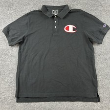 Champion Polo Shirt Mens XL Black Big Logo Spell Out Short Sleeve Streetwear