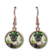 St. Patrick's Day Siamese Cat Irish Gold Handmade Round Resin Dangling Earrings
