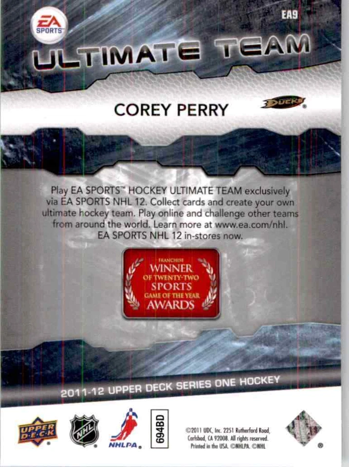 2011-12 Upper Deck Ea Ultimate Team Corey Perry #EA9 - Image 2 of 2
